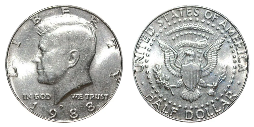 1988 Kennedy half dollar obverse and reverse showing mint mark location and design details
