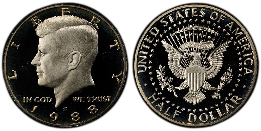 Side-by-side comparison of normal 1988-S proof half dollar versus 1988-S DDO FS-101 showing hub doubling on LIBERTY inscription
