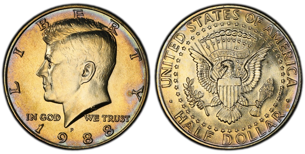 Grading strip showing four 1988 Kennedy half dollars across four condition tiers from worn to gem uncirculated